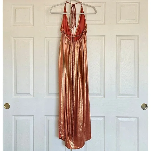Sundress REVOLVE Metallic Copper Halter Maxi Dress Plunging V-Neck Slit Bronze S - Picture 7 of 8